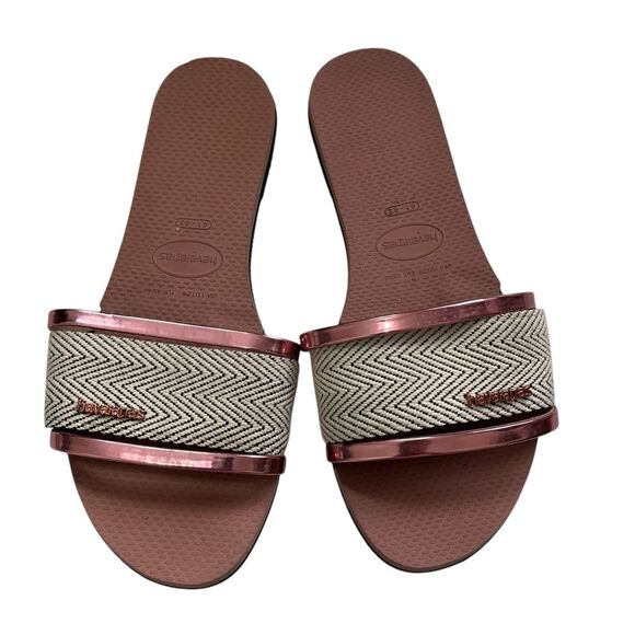 Havaianas Trancoso Slides Bronze Beige Women’s Size 11-12 Chevron Strap Slip On - Picture 2 of 9